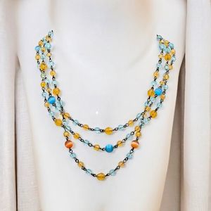 Cat's Eye Necklace Vintage Orange Blue Bead Triple Strand Colorful Draping Jewel